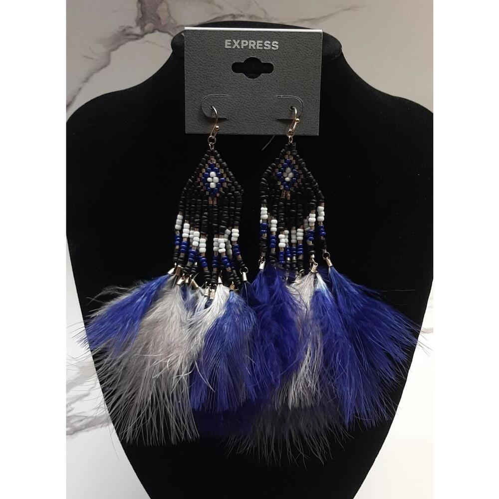 NEW Express Blue Black & White Beaded Feather Earrings
